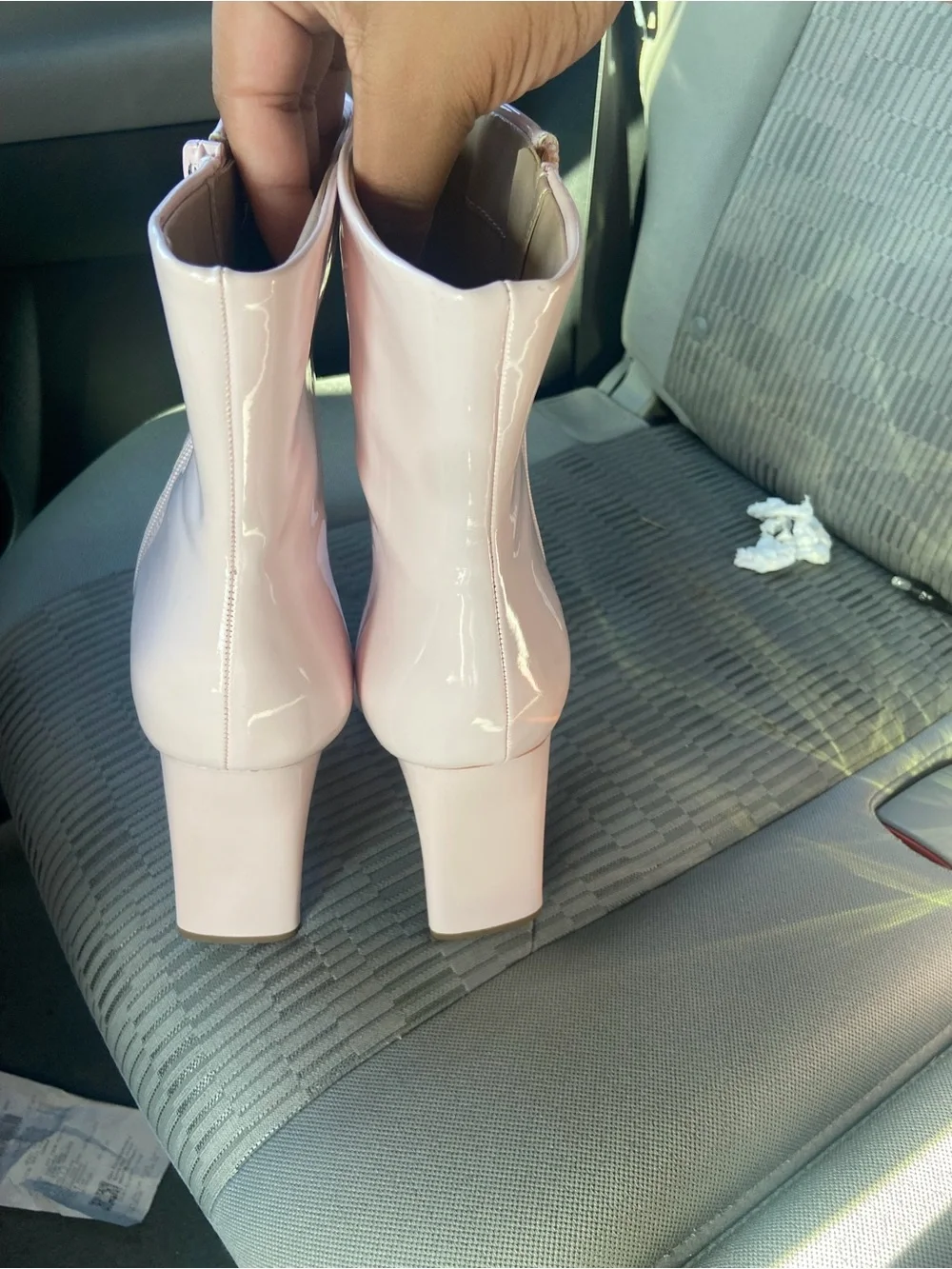 Fashion Nova Patent Pale Pink Block Heel Ankle Boots